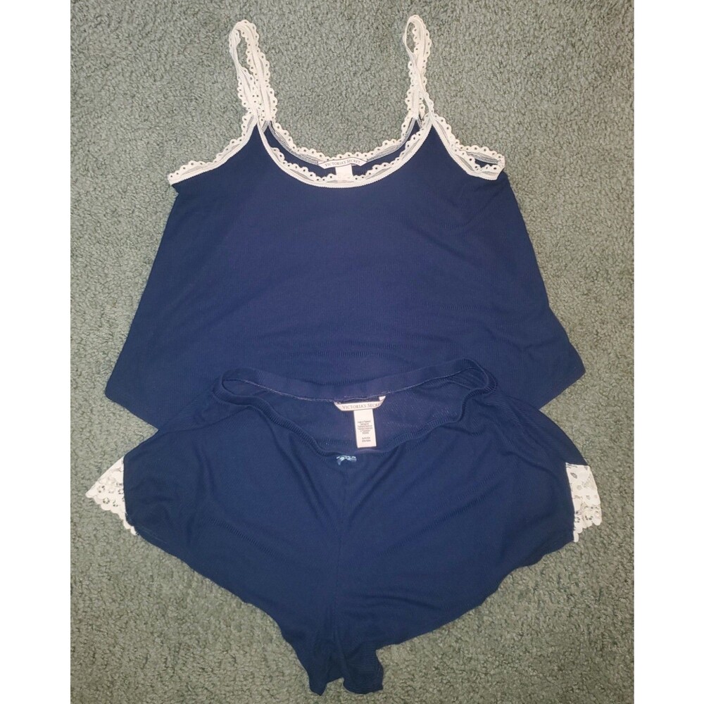 Victoria's Secret Navy Blue Eyelet Lace Accent Cami Shorts Pajama Set Small/XS